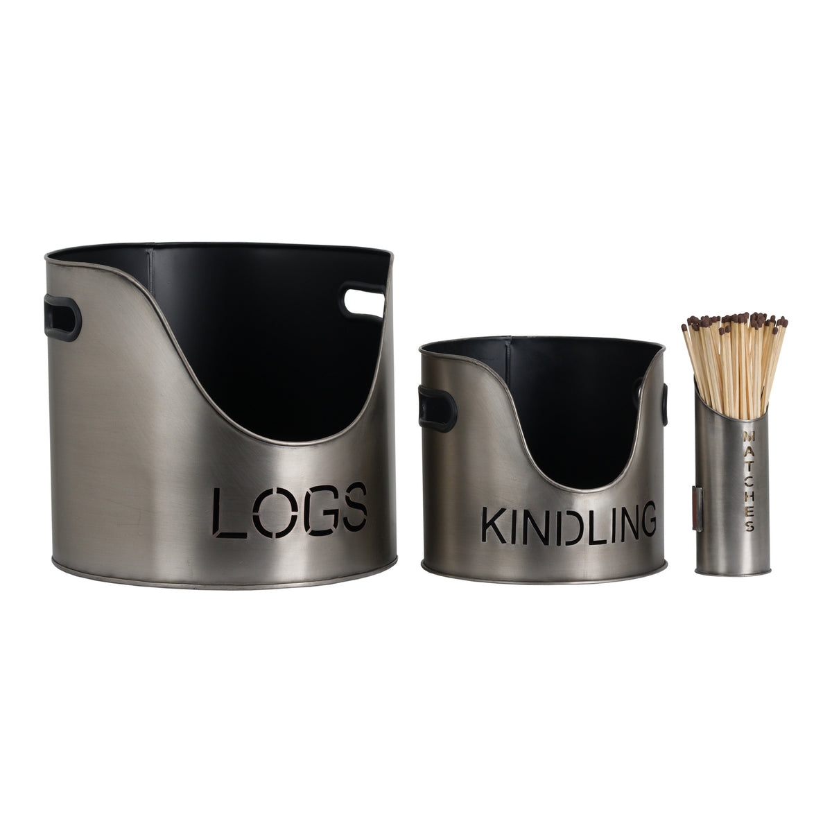 Pewter Finish Logs And Kindling Buckets & Matchstick Holder by Hill Interiors - image 2