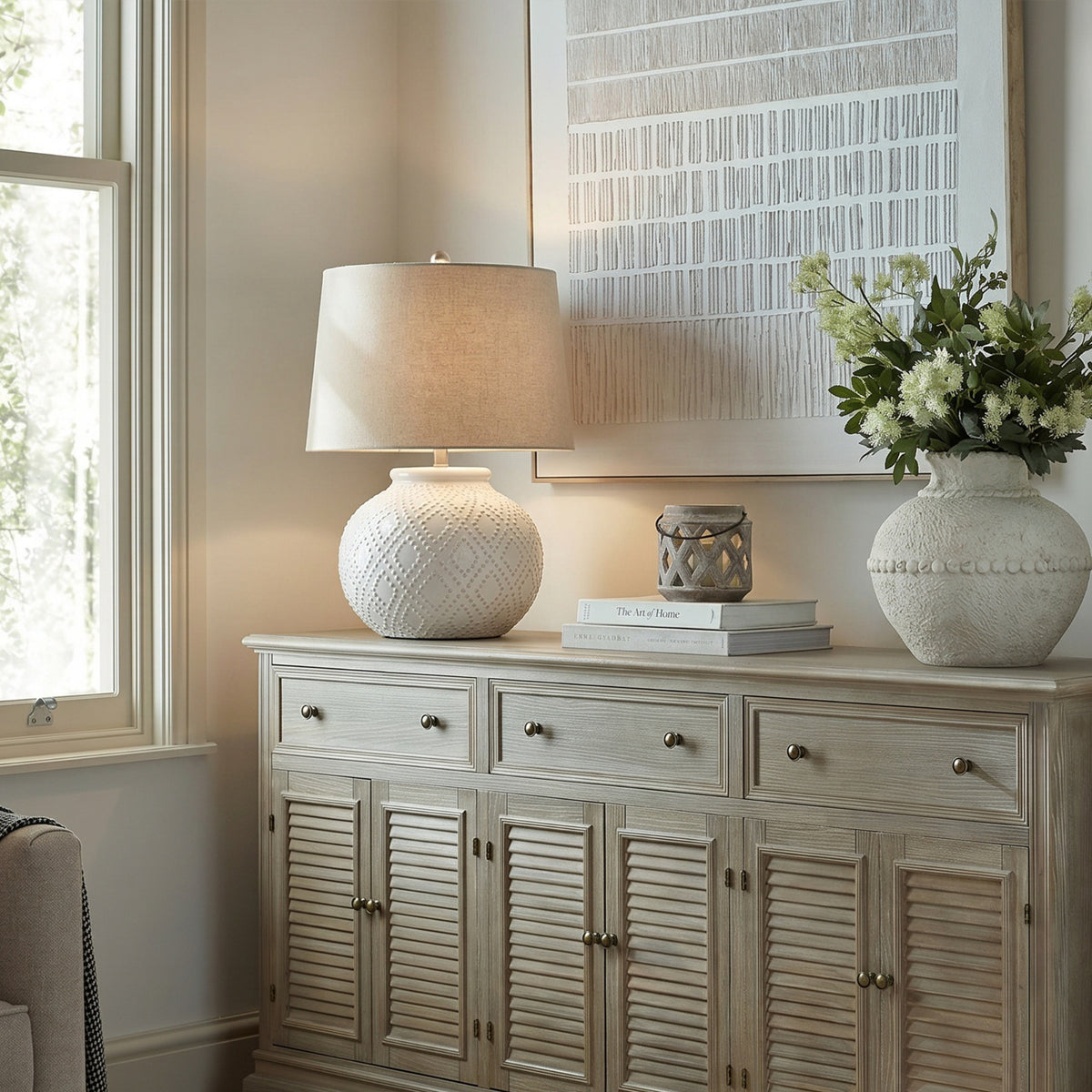 Squat White Beaded Ceramic Lamp With Linen Shade by SEDERVA - image 3