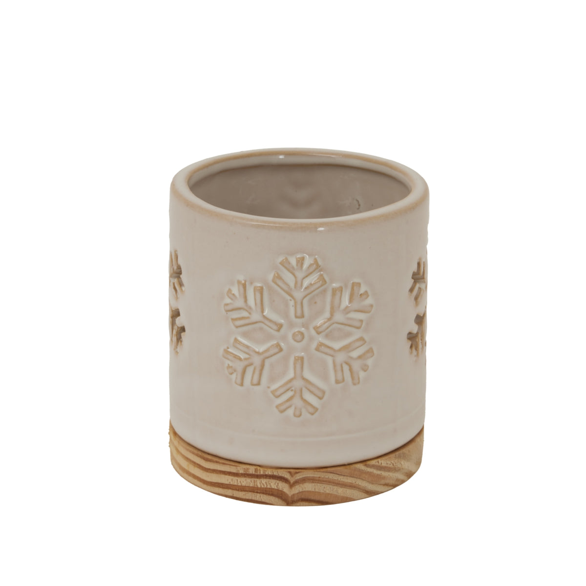 Alora Ceramic Snowflake Candle Holder On Wood Base by Hill Interiors