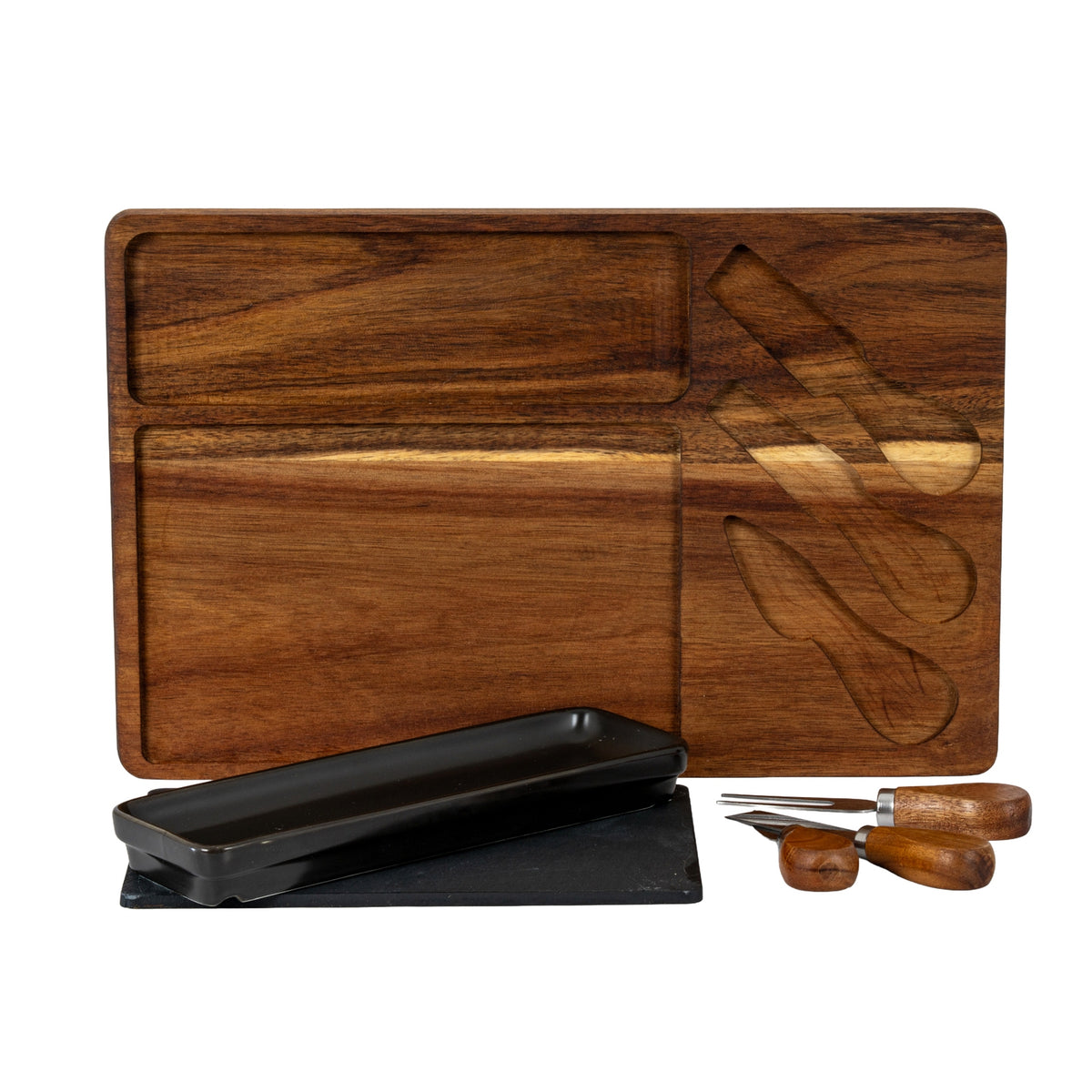 Acacia Cheese Board Set With Black Bowl, Slate and Cutlery by Hill Interiors - image 3