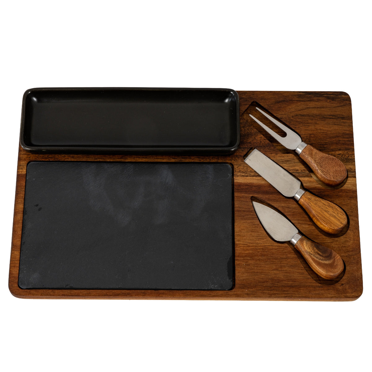 Acacia Cheese Board Set With Black Bowl, Slate and Cutlery by Hill Interiors