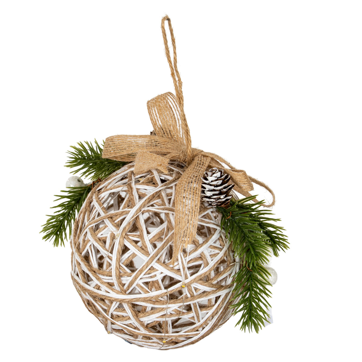 Small LED White Rattan Bauble With Branches And Ribbon by Hill Interiors