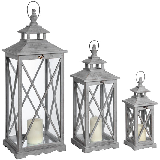 Set Of Three Wooden Lanterns With Traditional Cross Section by Hill Interiors