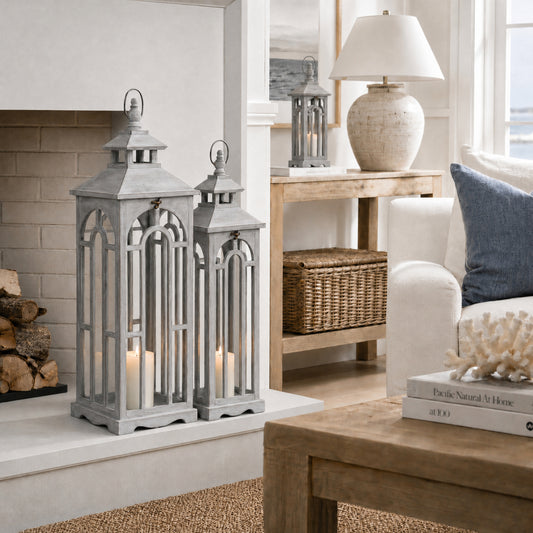 Set Of Three Wooden Lanterns With Archway Design by Hill Interiors