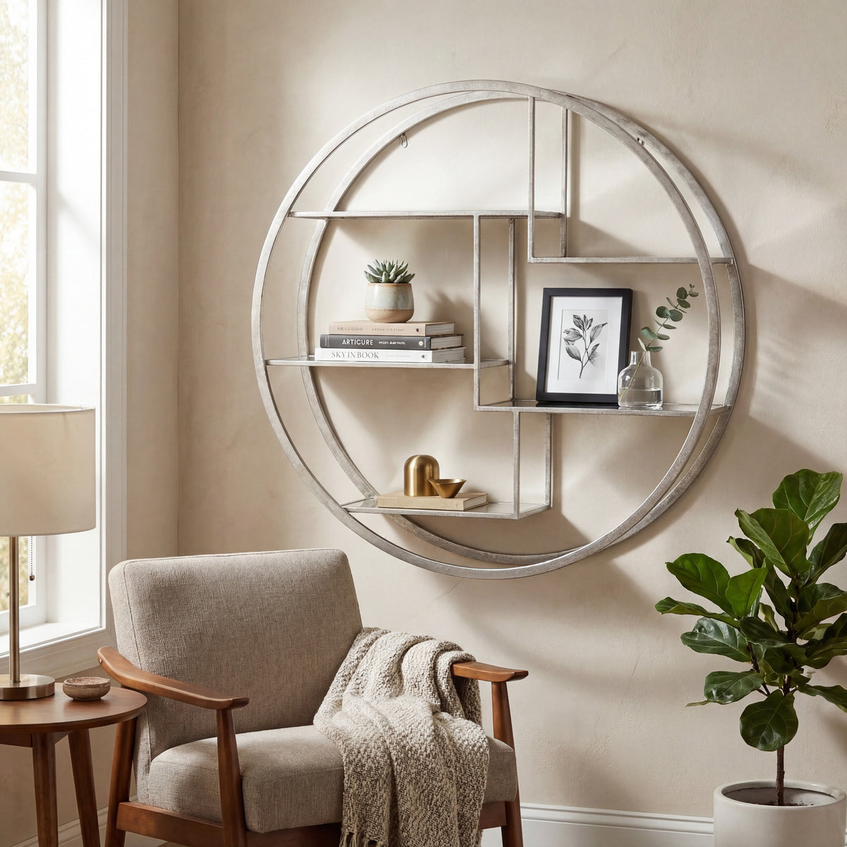 Large Circular Silver Wall Hanging Multi Shelf by Hill Interiors