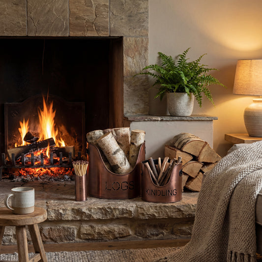 Copper Finish Logs And Kindling Buckets & Matchstick Holder by Hill Interiors