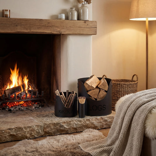 Black Finish Logs And Kindling Buckets & Matchstick Holder by Hill Interiors
