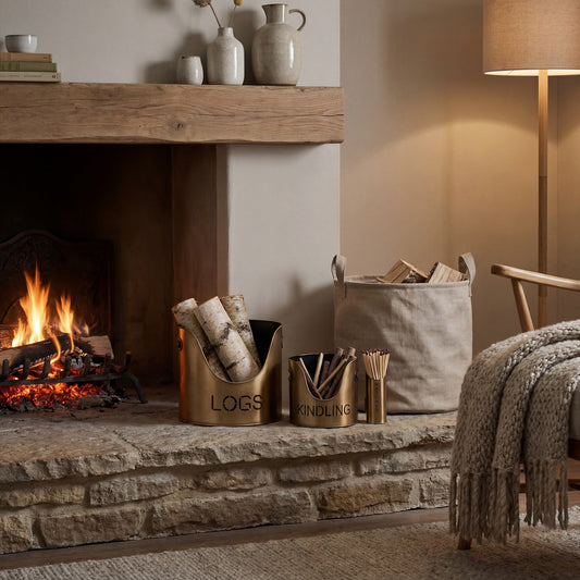 Bronze Finish Logs And Kindling Buckets & Matchstick Holder by Hill Interiors