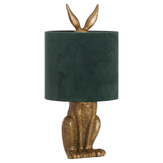 Antique Gold Hare Table Lamp With Green Velvet Shade by Hill Interiors