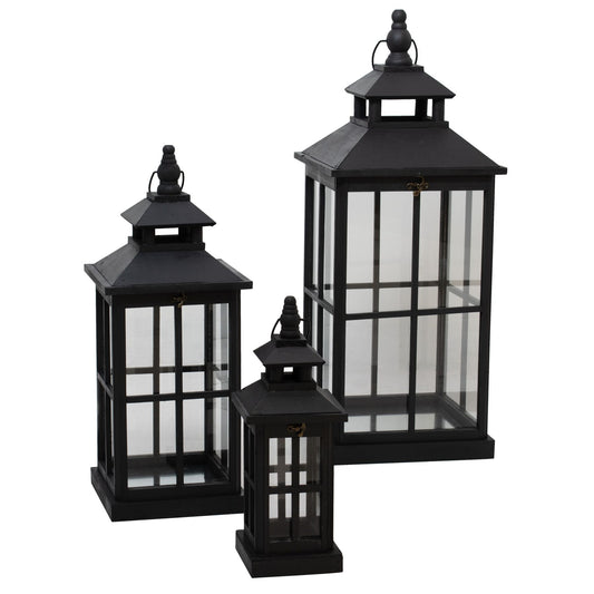 Set Of 3 Black Window Style Lanterns With Open Top by Hill Interiors