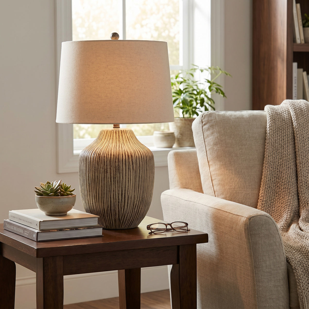 Ochre Carved Textured Table Lamp With Linen Shade by Hill Interiors