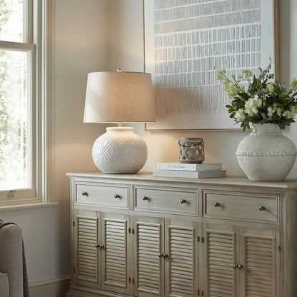 Squat White Beaded Ceramic Lamp With Linen Shade by SEDERVA - image 3