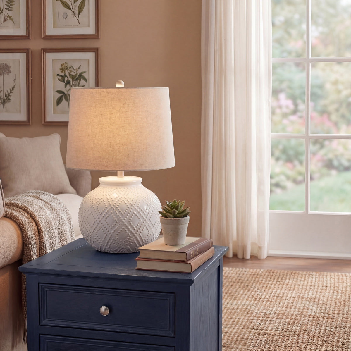Squat White Beaded Ceramic Lamp With Linen Shade by SEDERVA