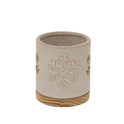 Alora Ceramic Snowflake Candle Holder On Wood Base by Hill Interiors