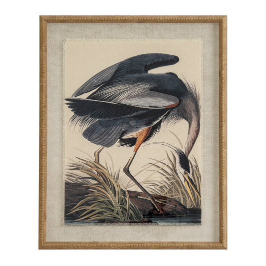 Flora & Fauna Collection Heron On Linen In Beaded Frame by Hill Interiors