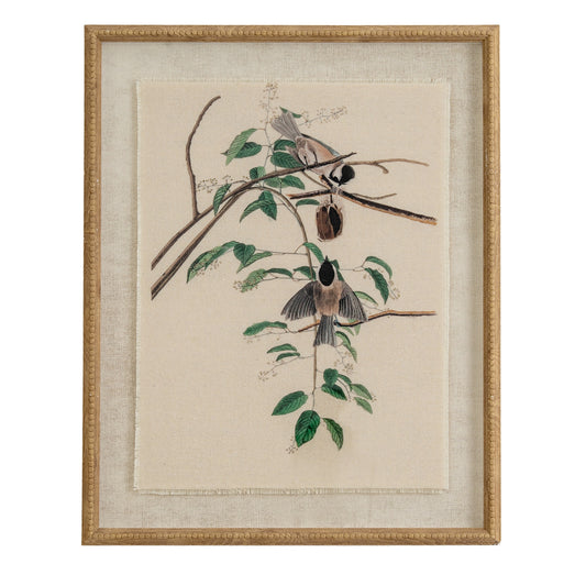 Flora & Fauna Collection Chickadees On Linen In Beaded Frame by Hill Interiors