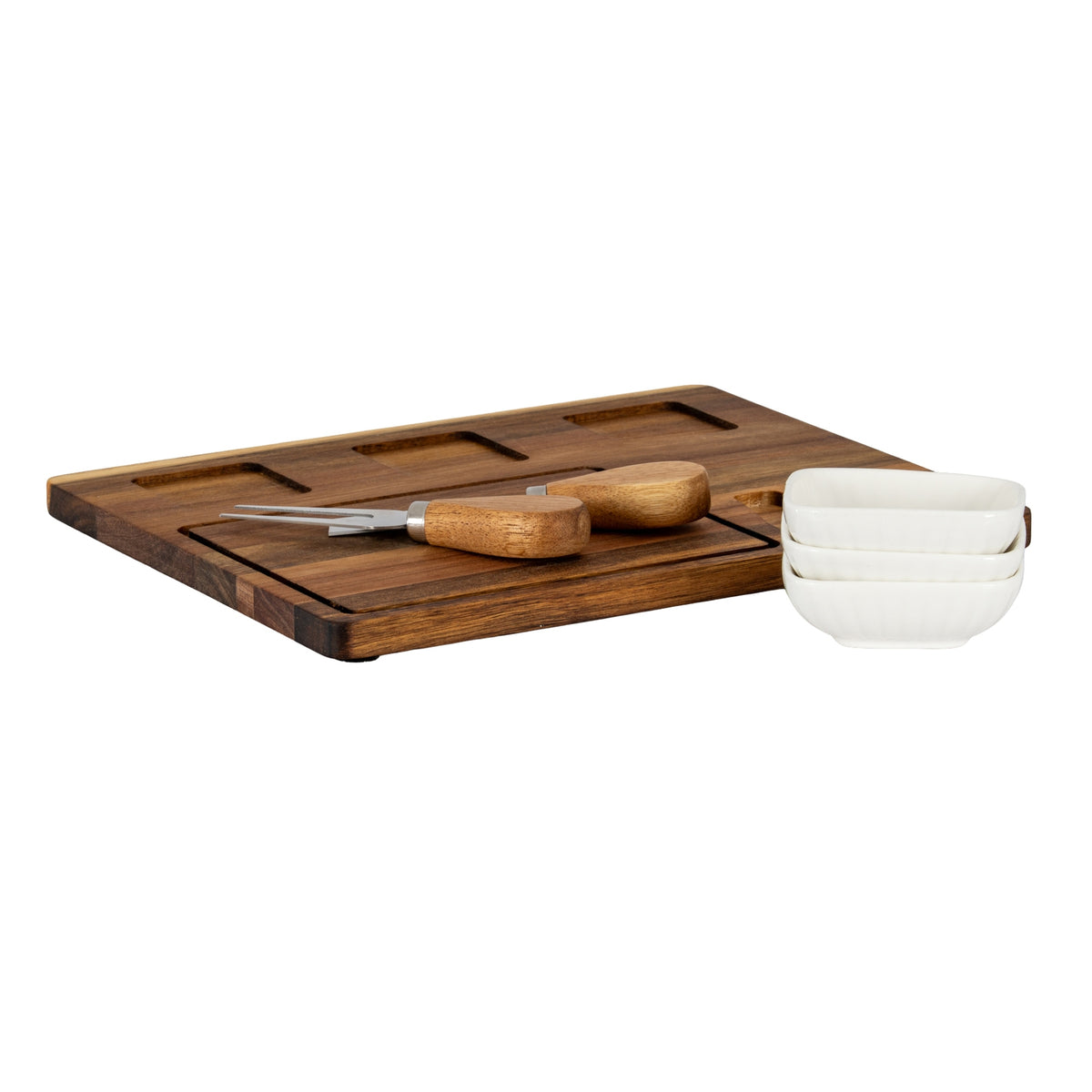 Acacia Cheese Board Set With White Ceramic Bowls And Cutlery by Hill Interiors - image 2