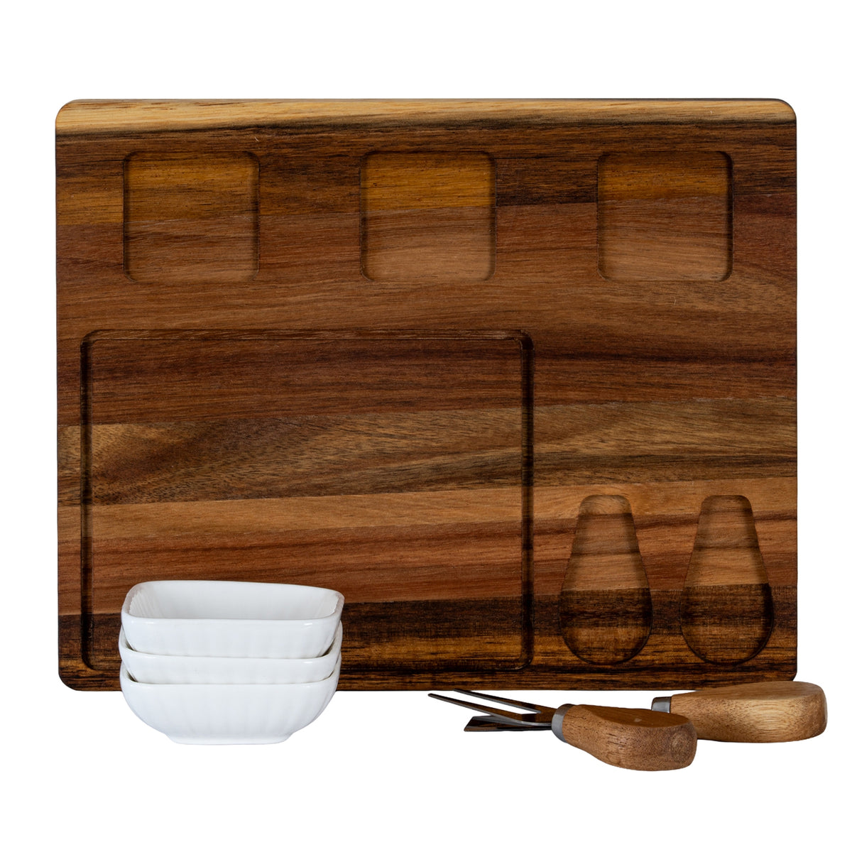 Acacia Cheese Board Set With White Ceramic Bowls And Cutlery by Hill Interiors - image 3