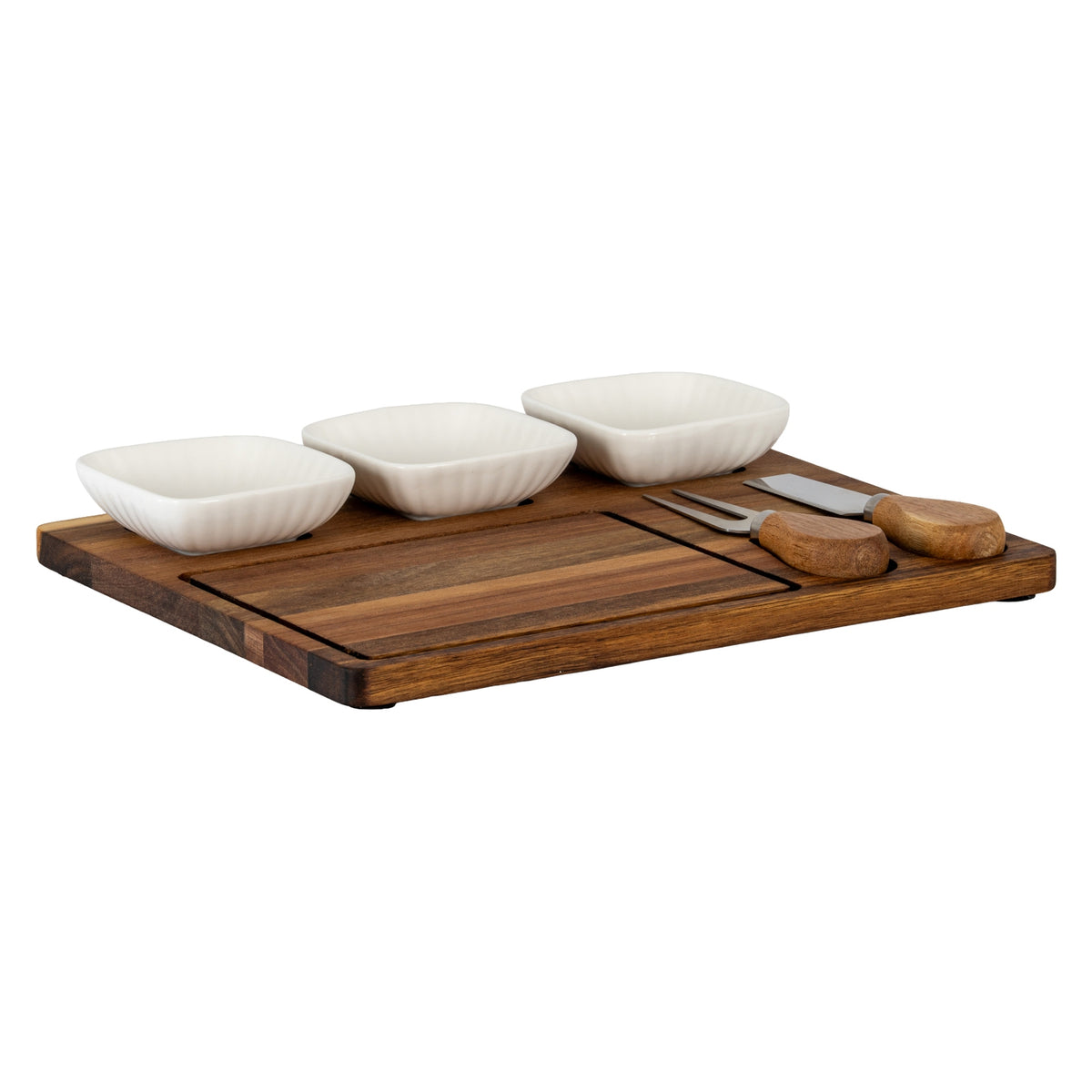 Acacia Cheese Board Set With White Ceramic Bowls And Cutlery by Hill Interiors - image 4