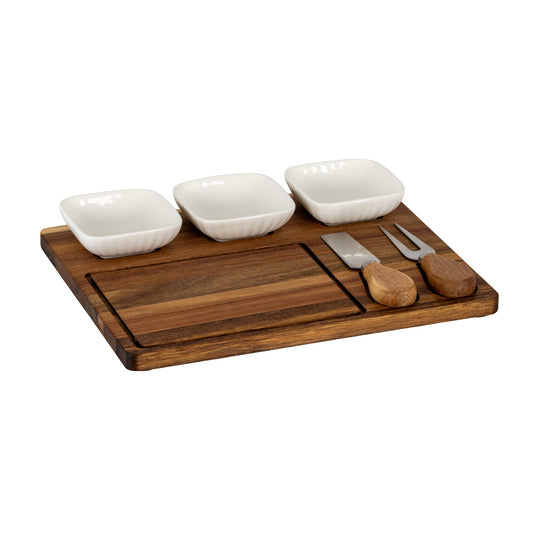 Acacia Cheese Board Set With White Ceramic Bowls And Cutlery by Hill Interiors