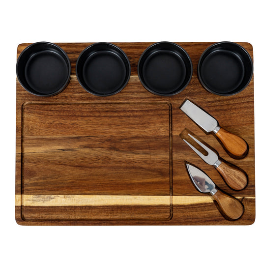 Acacia Cheese Board Set With Grey Ceramic Bowls and Cutlery by Hill Interiors