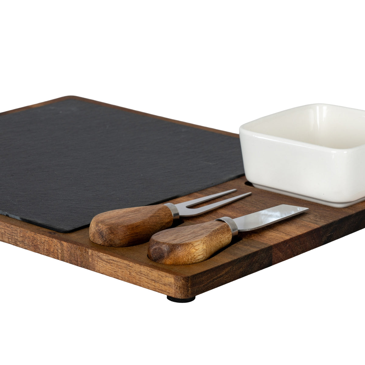 Acacia Cheese Board Set With White Bowl, Slate and Cutlery by Hill Interiors - image 2