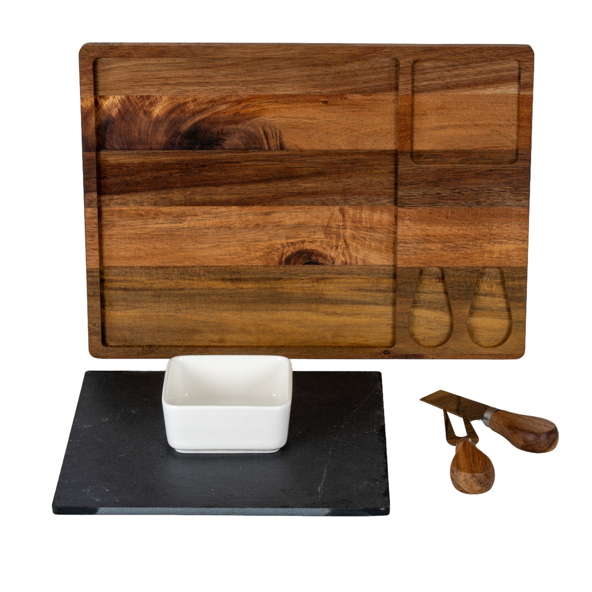 Acacia Cheese Board Set With White Bowl, Slate and Cutlery by Hill Interiors - image 3