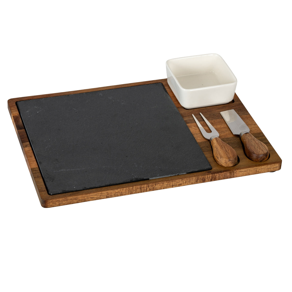 Acacia Cheese Board Set With White Bowl, Slate and Cutlery by Hill Interiors