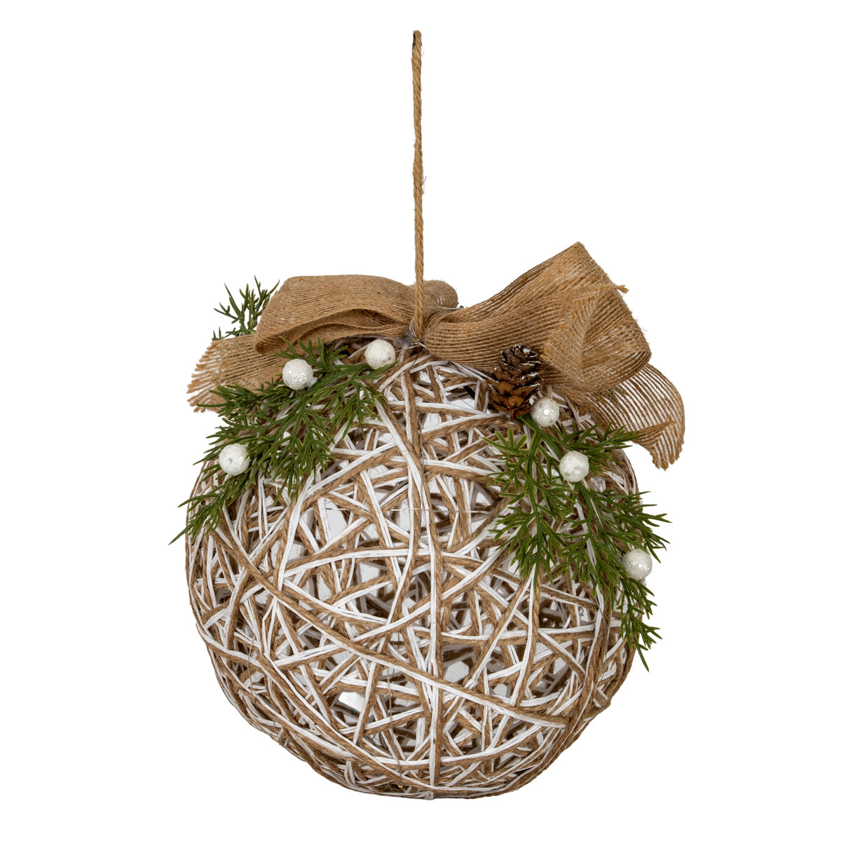 Large LED White Rattan Bauble With Branches And Ribbon by Hill Interiors